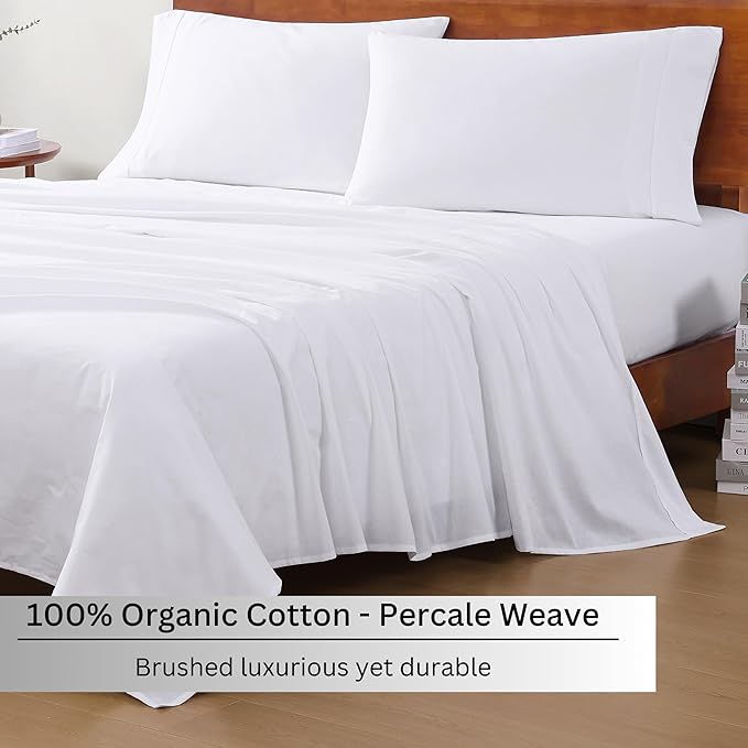 LANE LINEN 100% Organic Cotton White Twin XL Sheets Set, 3-Piece Pure Organic Cotton Percale Sheet, Extra Long Twin Sheets, Ultra Soft Bedding Sheet, Fits Mattress Upto 15" Deep - White (2Pack)