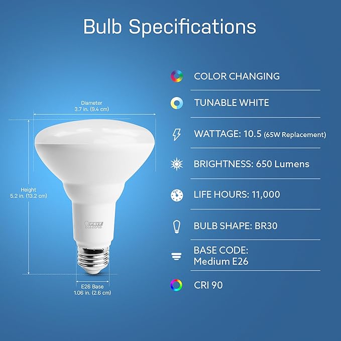 Feit Electric BR30 Smart LED Light Bulbs, 65W Equivalent, Dimmable, Color Changing, Tunable White, 650 Lumens, 2.4GHz Wi-Fi, Alexa/Google Home Enabled Track Lighting, BR30/RGBW/CA/AG/RP/6, 6 Pack
