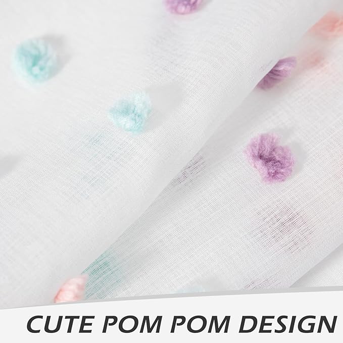 MYSKY HOME Curtains for Living Room 84 Inch Long Rainbow Pom Pom Curtains for Bedroom Sheer Curtains for Nursery Windows Rod Pocket Privacy Drapes Dining Room 38" x 84" 2 Panels