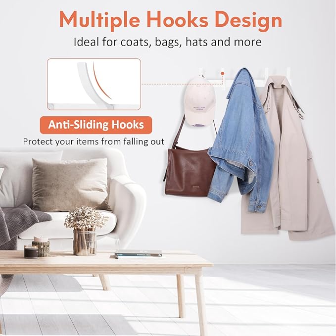 Coat Rack Wall Mount, Coat Hook Wall Mount, Wall Hooks for Hanging, Hat Rack for Walls, Coats Hanger with 10 Hook, Towel Hooks for Bathrooms (2 Pack, White)