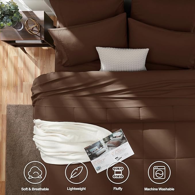 CozyLux Queen Comforter Set Brown, 7 Pieces Bed in a Bag, Brown Comforter Queen Size, All Season Bedding Sets with Stitch Quilted Comforter, Flat Sheet, Fitted Sheet, Pillowcases