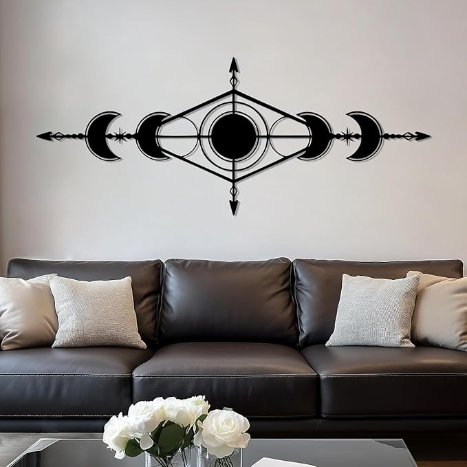 Hfrolixit Moon Phase Metal Wall Decor, Boho Moon Metal Wall Art, Celestial Wall Decor, Scandinavian Natural Wall Art, Astrology Wall Hanging (Silver, 59"x24"/150x60cm)