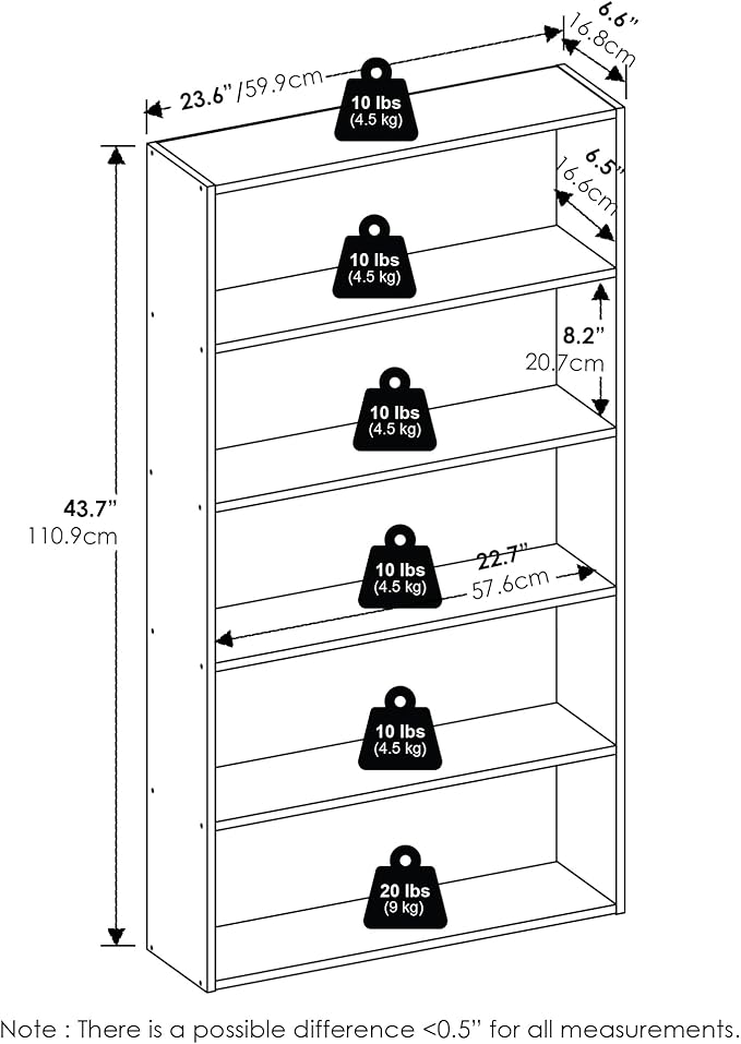 Furinno Basic Book Shelf, 5-Tier Bookshelf, Cube Storage Organizer Bookcase with Open Shelf, 7 x 24 x 44, for Living Room, Bedroom, Home Office, White