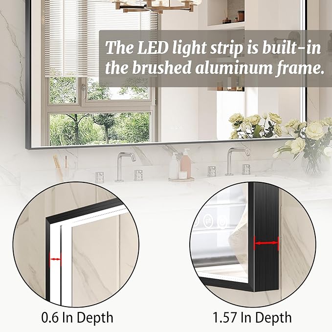 48x28 Inch LED Bathroom Mirror, Black Metal Framed Lighted Mirror for Bathroom, Wall Mouted LED Vanity Mirror with Lights, 3 Colors and Stepless Dimmable, Anti-Fog, Memory