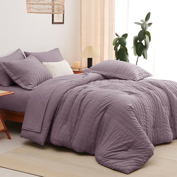 CozyLux King Size Comforter Set Dusty Purple Seersucker 7 Pieces Bed in a Bag King Comforter Set with Sheets, Luxury Bedding Set with Down Alternative Comforter, Sheets, Pillowcases & Shams All Season
