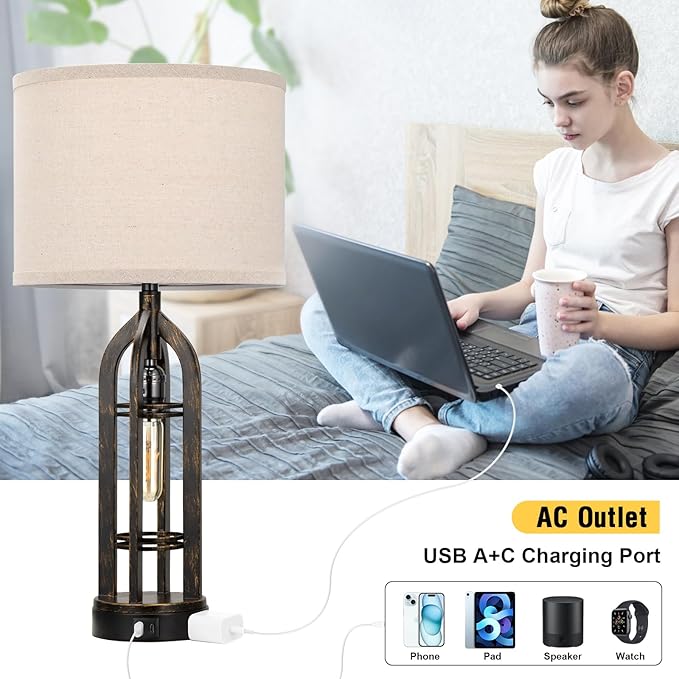 Seealle Table Lamp for Living Room Set of 2 - Copper Bedside Lamp for Bedroom with USB C+A & Outlet, Farmhouse Lamps for Night Stands, 3-Way Dimmable Touch Lamps for Living Room