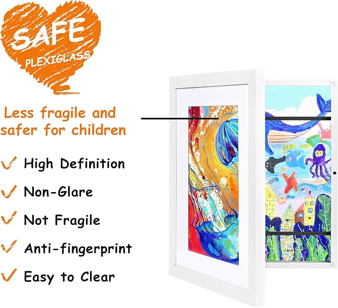KINLINK 8.5x11 Kids Art Frames Set of 2, Solid Wood Kids Artwork Frames Changeable with Acrylic Front Opening Holds 150 Pictures, Art Frame for Kids Artwork with Mat or without Mat, White