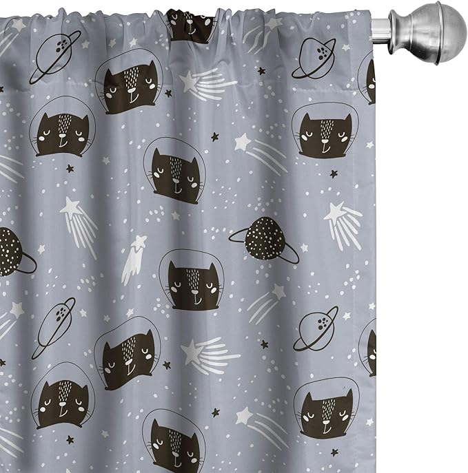 Ambesonne Outer Space Window Curtains, Astronaut Cats Exploring The Universe on Dotted Background, Lightweight Decor 2-Panel Set with Rod Pocket, Pair of - 28" x 63", Purple Grey
