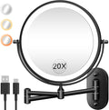 Wall Mounted Makeup Mirror with Light, 20X/1X 8'' Double Sided LED Magnifying Bathroom Lighted Vanity Mirror with Magnification, 3 Color Light up Touch Dimmable Extended Arm 360 Rotation