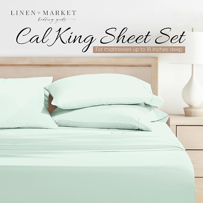 Linen Market Double-Brushed Microfiber California King Sheet Set 4 Piece – Oeko-TEX Certified Ultra Soft & Wrinkle-Free - 16" Deep Pocket Sheets Easy Care Cal-King Size - Mint
