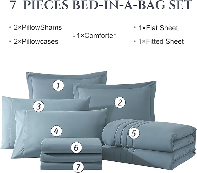 Monbix Full Comforter Set - 7 Pieces Dusty Blue Bed in a Bag Full Size Bedding Sets with Comforters, All Seasons Down Alternative Comforter with Sheets,Pillowcases & Shams