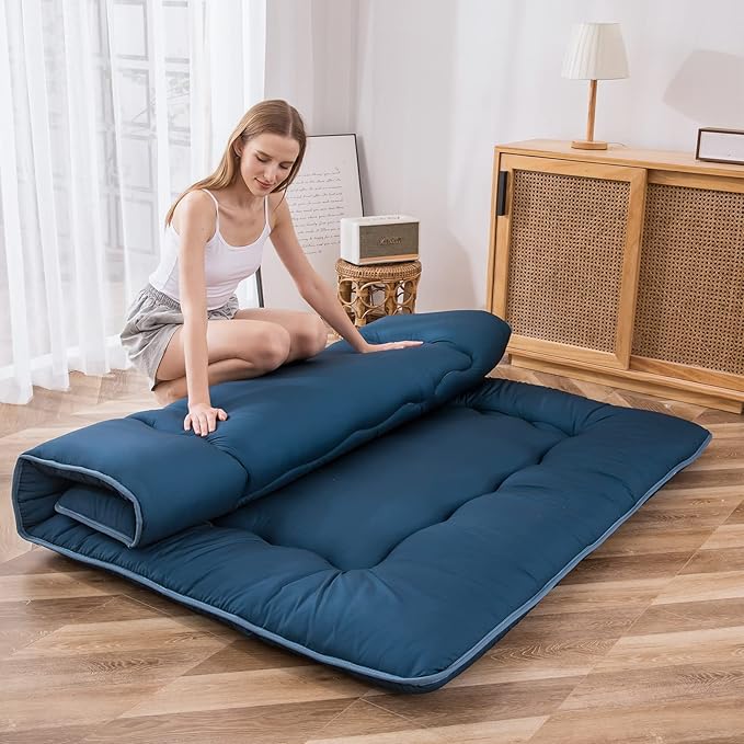 MAXYOYO Japanese Floor Mattress Futon Mattress, Thicken Sleeping Pad Foldable Roll Up Floor Futon for Adults Tatami Mat Dormitory Bed Lounger, Bluestone, Queen Size