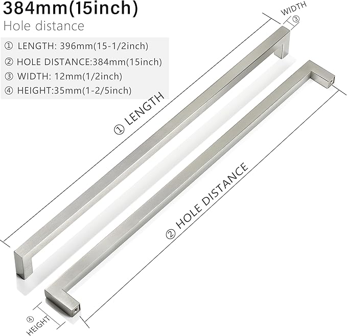 Cabinet Pulls Brushed Nickel Cabinet Handles Square Drawer Pulls, 40 Pack 15 Inch Stainless Steel Kitchen Door Cupboard Cabinet Handles, Cabinet Hardware Drawer Handles, 384mm Hole Centers