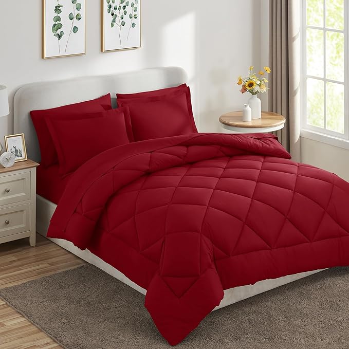 CozyLux Queen Comforter Set Dark Red - Bed in a Bag Queen Size 7 Pieces, Luxury Soft Bed Set for All Seasons, Bedding Set with Down Alternative Comforter, Sheets, Pillowcases & Shams