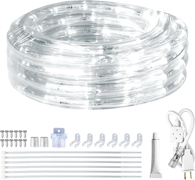 SURNIE Rope Lights Outdoor Waterproof Daylight White: LED 10FT Cuttable Outside Bright 110V Lighting 6000K Flexible Cool Clear Tube, Indoor Deck Patio Xmas Camping Decor, Not Flat Strip