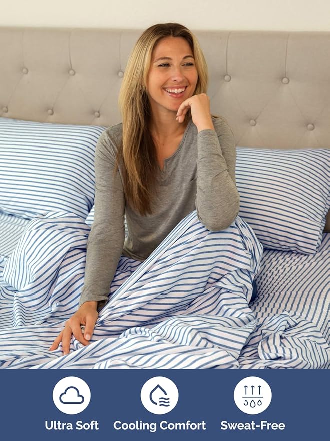 Extra Deep Queen Sheet Set - 6 Piece Breathable and Cooling Sheets - Hotel Luxury Bed Sheets Set - Easy Fit - Soft, Wrinkle Free and Comfy Sheets Set - Blue Striped Sheet Set with Extra Deep Pockets