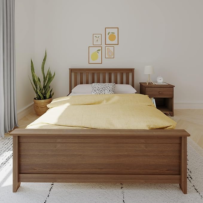 Max & Lily Full Size Bed Frame with Slatted Headboard, Solid Wood Platform Bed for Kids, No Box Spring Needed, Easy Assembly, Walnut