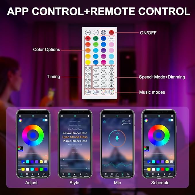 LED Strip Lights, 50ft Smart RGB Music Sync Bluetooth App & Remote Control, USB-Powered LED Lights for TV, Gaming, Bedroom, PC, Home Theater,Parlor,Room