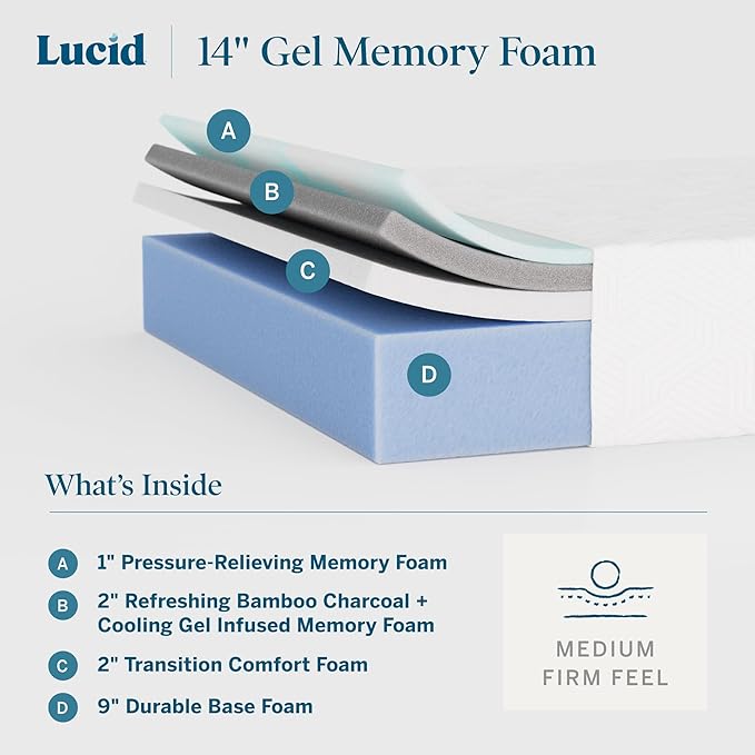 Lucid 14 Inch Memory Foam Mattress - Medium Firm Feel - Infused with Refreshing Bamboo Charcoal and Cooling Gel - Bed in a Box - Temperature Regulating - Pressure Relief - Breathable - California King