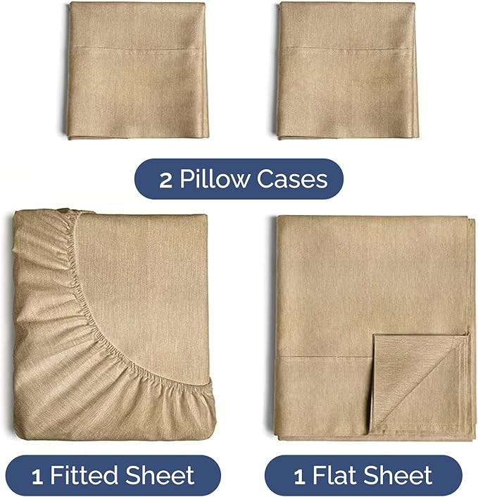 Twin 4 Piece Sheet Set - Comfy Breathable & Cooling - Ultra Soft Hotel Luxury Bedding Set w/ 8-16 Inch Deep Pockets - 1 Flat & 1 Fitted Sheet & 2 Pillowcases - Wrinkle Free & Easy Care - Heathered Tan