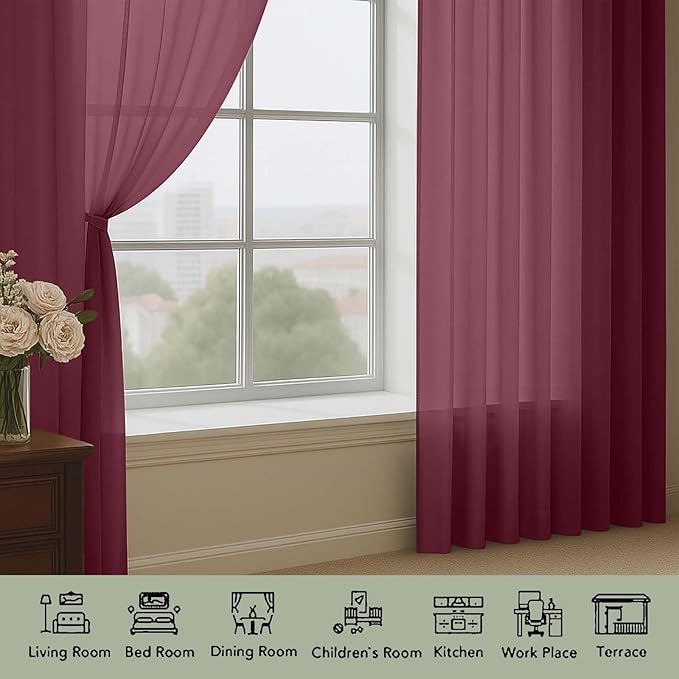 OWENIE Burgundy Vine Sheer Curtains, Sheer Curtains 96 inches Long 2 Panels Set, Rod Pocket Fimly Sheer Drapes for Living Room/Bedroom, 2pcs, Each 59" W x 96" L