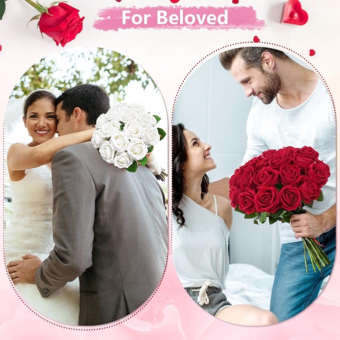 BLEUM CADE 100 Pcs Pink Roses Artificial Flowers, Real Touch Velvet Roses Fake Flowers Bulk, Artificial Roses Bouquet with Long Stems Bridal DIY Wedding Party Centerpiece Decorations