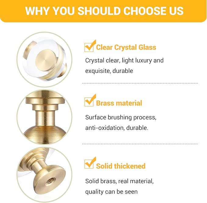 12-Pack 1-1/4-Inch White Cabinet Glass Crystal Brass knobs Brass Drawer Round Knobs Dresser Pulls, Gold Hardware Kitchen Closet knobs for Bifold Doors