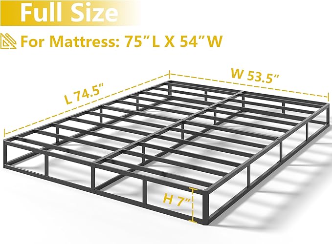 Qingzhou Box Spring Full Size Bed Bases, 7 Inch High Metal Full Size Box Spring Only, Heavy Duty Mattress Foundation with Fabric Cover, Easy Assembly, Quiet Noise Free, Non Slip, Black