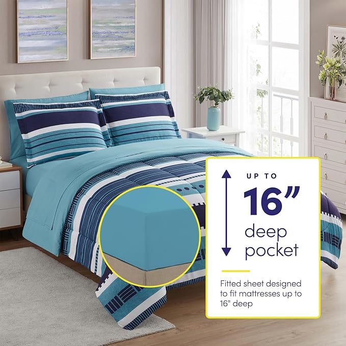 Sweet Home Collection 7 Piece Comforter Set Bag Solid Color All Season Soft Down Alternative Blanket & Luxurious Microfiber Bed Sheets, Marino, Full