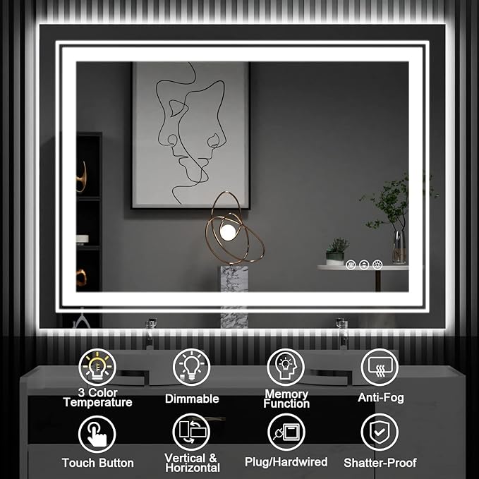 LED Bathroom Mirror, 84"X32" with Front and Backlit, Anti-Fog, Large Bathroom Vanity Mirror for Wall, Memory Function, Stepless Dimmable, Tempered Glass (Horizontal/Vertical)