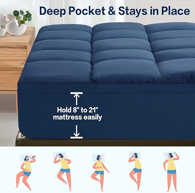 SOPAT Mattress Topper King Size Extra Thick Mattress Pad 8-21" Deep Pocket Soft Down Alternative Fill Mattress Protector Pillow Top Mattress Cover (78x80 Inches, Navy Blue)