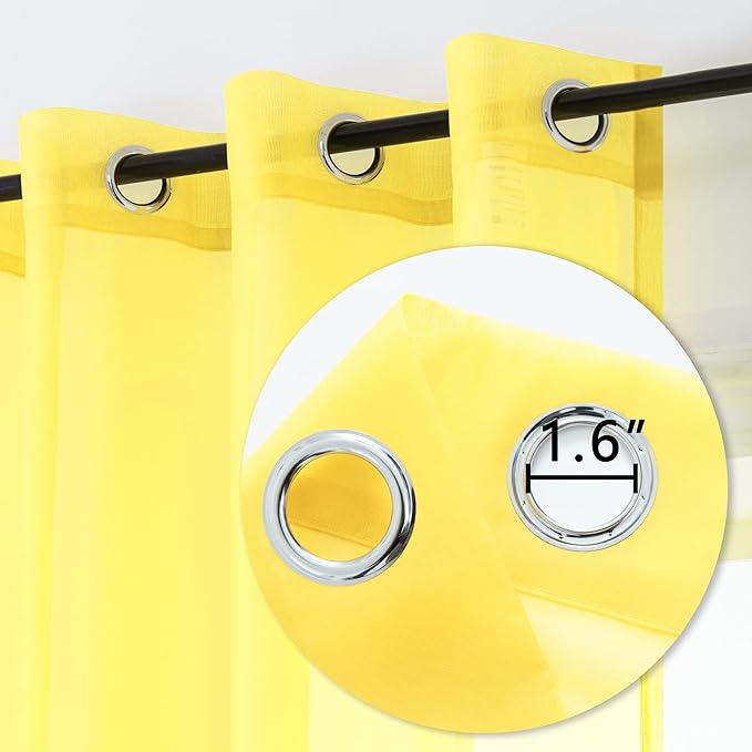 DUALIFE Yellow Sheer Curtains 63 Inch Length for Bedroom 2 Panels Grommet Solid Color Look Semi Sheer Sunmmer Curtains for Living Room Dining Bathroom Basement Kitchen 52x63 Inches Long