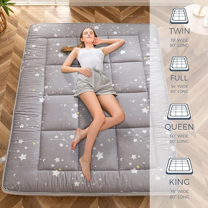 MAXYOYO Grey Constellation Futon Mattress, Padded Japanese Floor Mattress Quilted Bed Mattress Topper, Extra Thick Folding Sleeping Pad Breathable Floor Lounger Guest Bed for Camping Couch, Queen