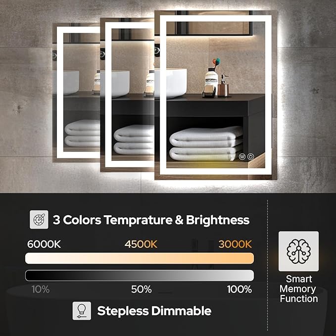 48 x 28 LED Bathroom Mirror with Lights, Lighted Bathroom Vanity Mirror for Wall, Espejos para Baños, Frontlit & Backlit, Anti-Fog, Shatterproof, 3 Adjustable Color Temperatures & Memory Function