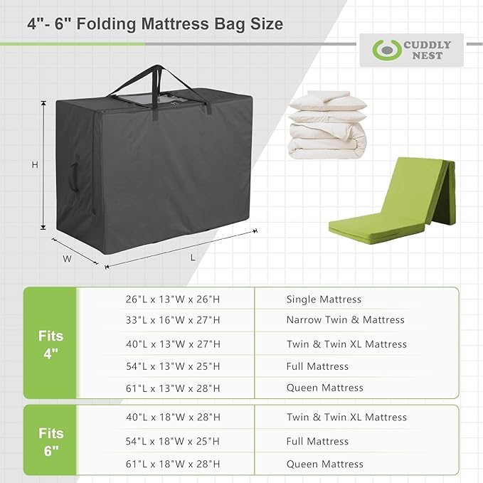 Cuddly Nest Folding Mattress Storage Bag - Heavy Duty Carry Case for Tri-Fold Guest Bed (Fits 4" NARROW TWIN & COT Mattress,Black)