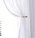 Treatmentex Pompom Sheer White Curtains for Living Room 84" Long Linen Textured Window Curtain Draperies for Bedroom 52" W, 1 Pair