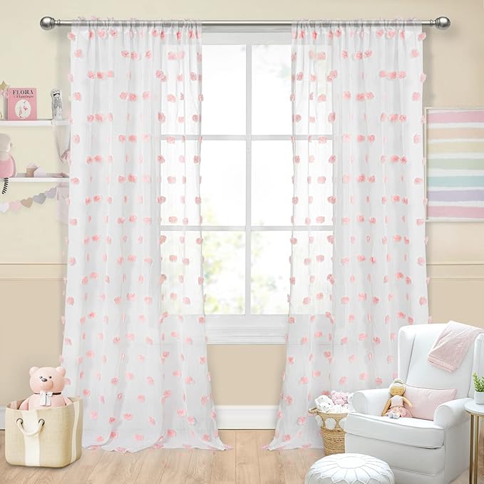 MYSKY HOME Large Pom Pom Curtains - 108 Inch Length, 2 Sets Semi Sheer Boho Curtains for Living Room, Dining Room, Baby Pink, Rod Pocket Backdrop Window Drapes, 37 x 108 inch