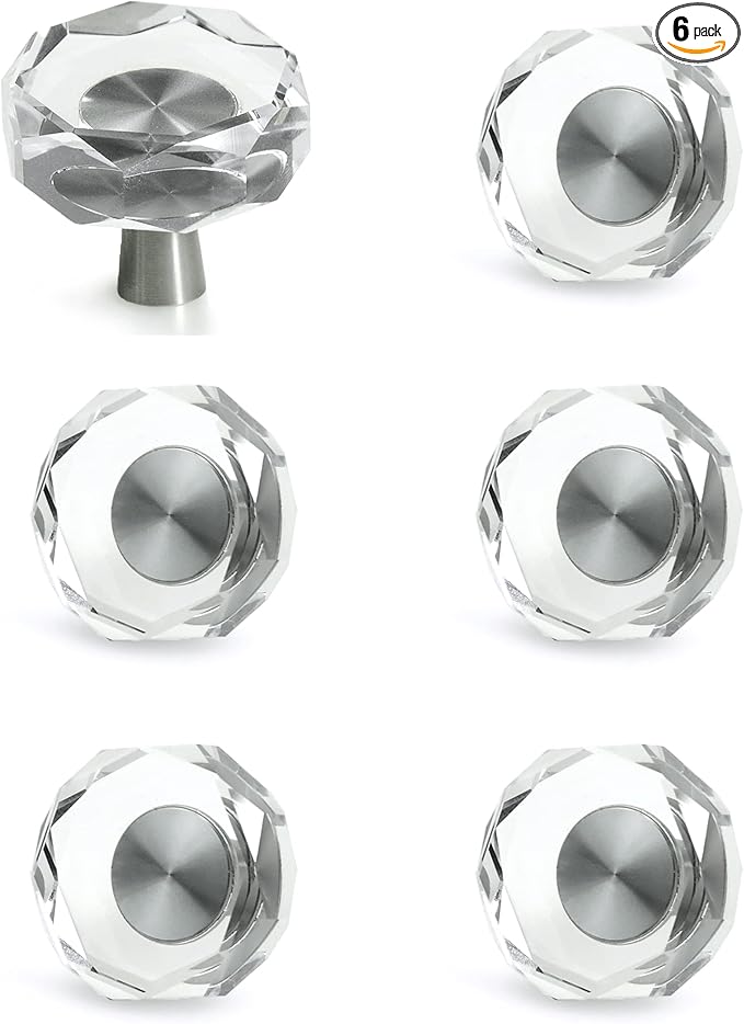 JEREVER 6 Pack Glass Crystal Knobs Brushed Nickel Drawer Pull Cabinet Handle for Dresser Kitchen (Polygon)
