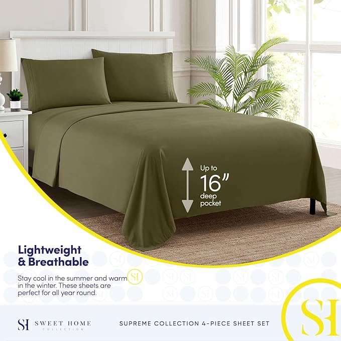 Twin Sheets - Breathable Luxury Sheets with Full Elastic & Secure Corner Straps Built In - 1800 Supreme Collection Extra Soft Deep Pocket Bedding Set, Sheet Set, Twin, Olive