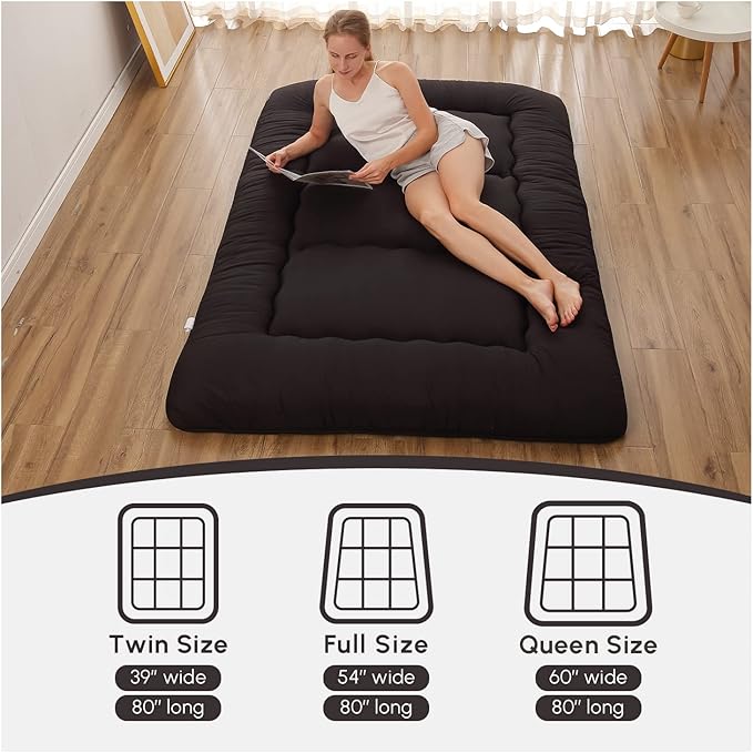 Japanese Floor Mattress, Futon Mattress with Portable Storage Bag and Washable Cover, Roll Up Thick Tatami Mat Suitable for Camping, Guest Room, Black, Queen