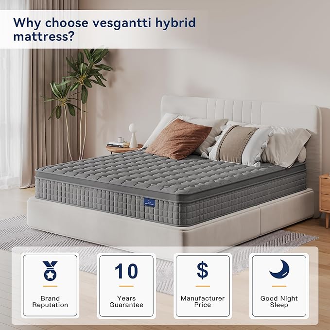 Vesgantti Full Mattress 10 Inch Innerspring Multilayer Hybrid Full Mattresses - Ergonomic Design with Memory Foam and Pocket Spring Mattress Full Size, Medium Firm Feel, Grey