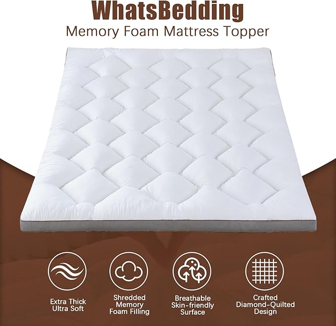 WhatsBedding 4 Inch Memory Foam Mattress Topper King Size for Pressure Relief, Extra Soft and Breathable Pillow Top Mattress Topper with 3D air mesh, Fluffy Shredded Memory Foam Filled，80 * 78 * 4in