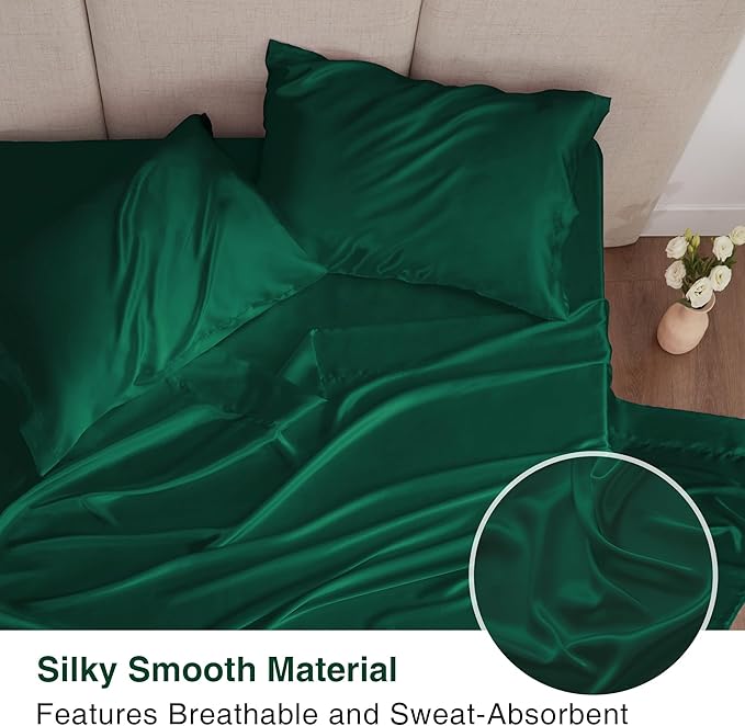 Love's cabin Satin King Sheet Sets - 4 Piece Dark Green Silky Sheets King Size Bed with Deep Pocket, Luxury Silk Feel King Size Satin Sheet Set (1 Flat Sheet,1 Fitted Sheet,2 Pillow Cases)