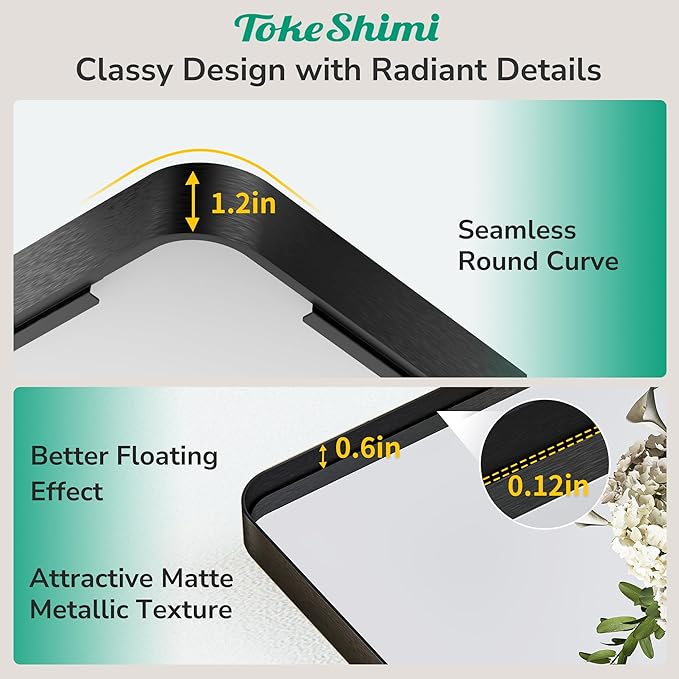 TokeShimi Black Vanity Mirror 60x36,Bathroom Mirror Framed Seamless,Tempered Glass,Rectangle Mirror for Bathroom,Shatterproof Bathroom Wall Mirror(Horizontal/Vertical)