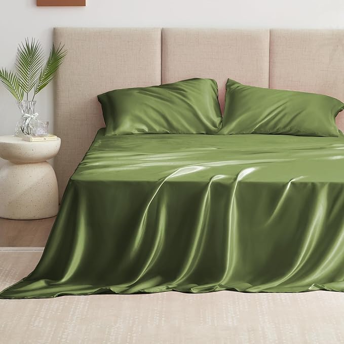 Love's cabin California King Satin Sheet Sets - 4 Piece Sage Silky Sheets Bed Set with Deep Pocket, Luxury Silk Feel Satin Cal King Sheet Set (1 Flat Sheet,1 Fitted Sheet,2 Pillow Cases)