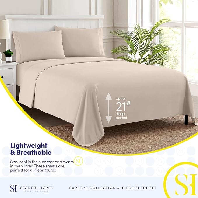 Twin Sheets - Breathable Luxury Sheets with Full Elastic & Secure Corner Straps Built In - 1800 Supreme Collection Extra Soft Deep Pocket Bedding Set, Sheet Set, EXTRA DEEP pocket - Twin, Beige