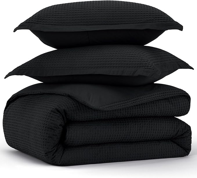 Bedsure Cotton Duvet Cover Queen Size - 100% Cotton Waffle Weave Black Duvet Cover Queen Size, GentleSoft™ and Breathable Bedding Set for All Season, 3 Pieces, 90"x90"
