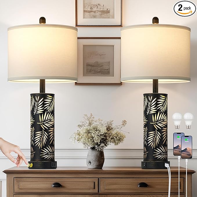 Set of 2 Rustic Table Lamps for Living Room Bedroom, Vintage Farmhouse Nightstand Lamp with 2 USB Ports, Hollow Out Black Metel Lamp for End Table with Nightlight (Retro Black)