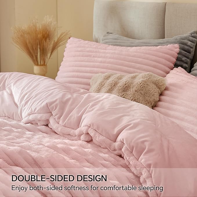 BEDELITE Fleece King Comforter Set -Super Soft & Warm Fluffy Pink Bedding, Luxury Fuzzy Heavy Bed Set for Winter with 2 Pillow Cases