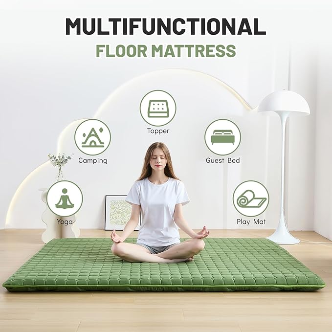 Japanese Floor Mattress Full, Anti-Slip Japanese Futon Foldable Tatami Mat for Guests, Green